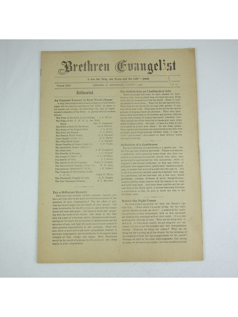 Brethren Evangelist Christian Newspaper Ashland Ohio Antique August 6, 1902 RARE